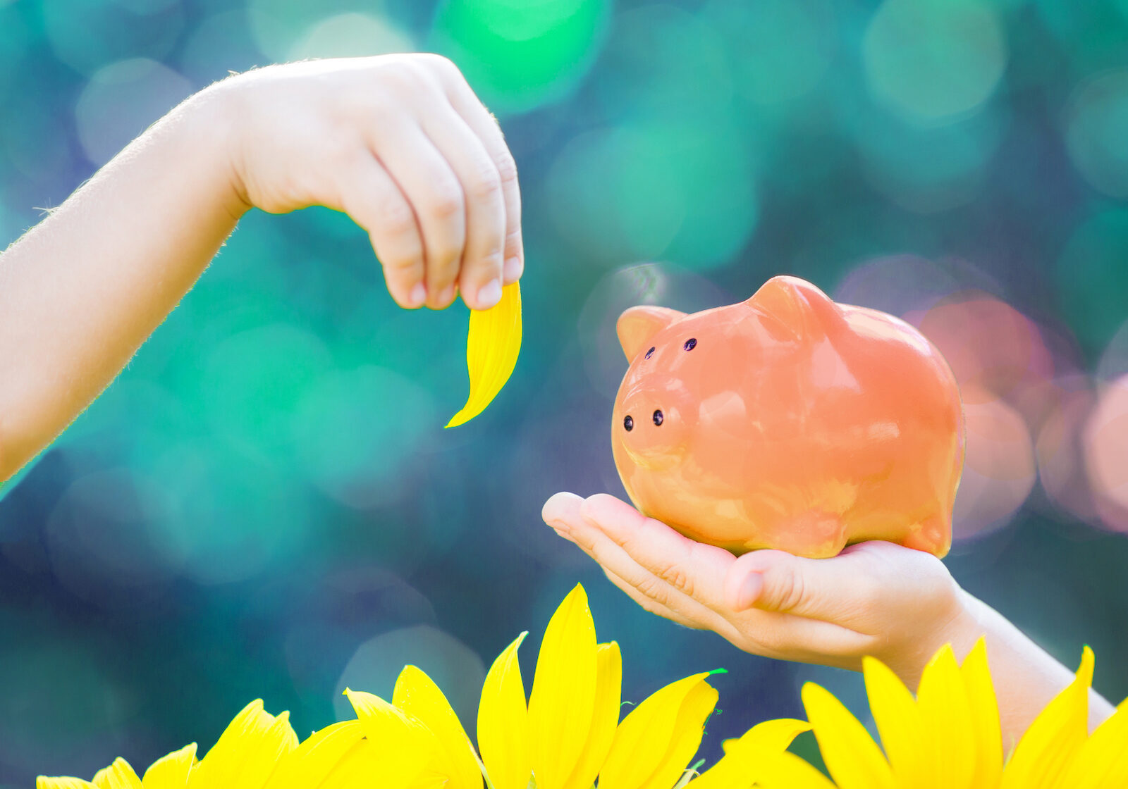 Piggybank and leaf in hands against green spring background. Shallow depth of field
